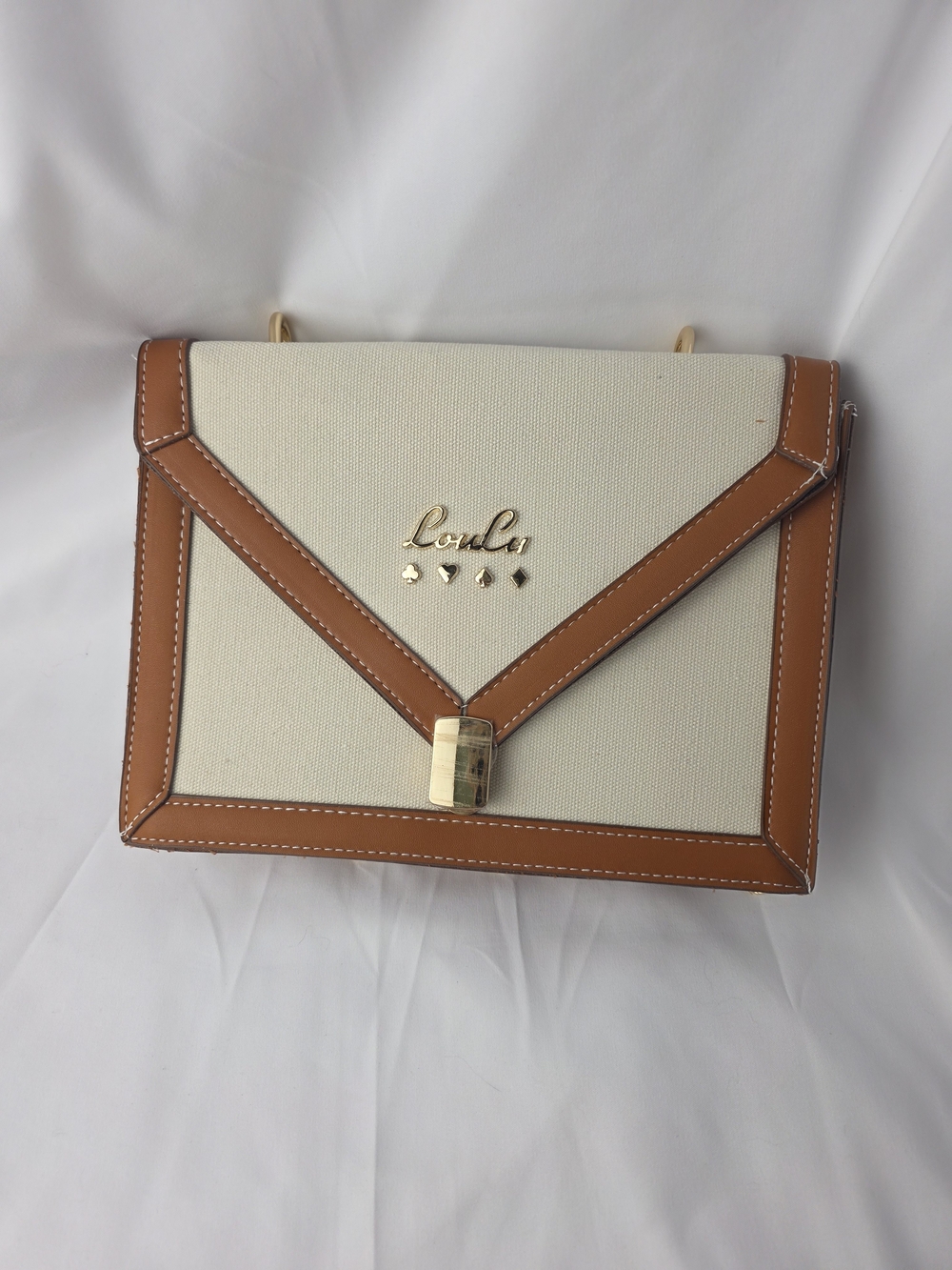 Loulu Canvas Crossbody Bag Gold Chain Tan Leather Trim Elegant Envelope Design
